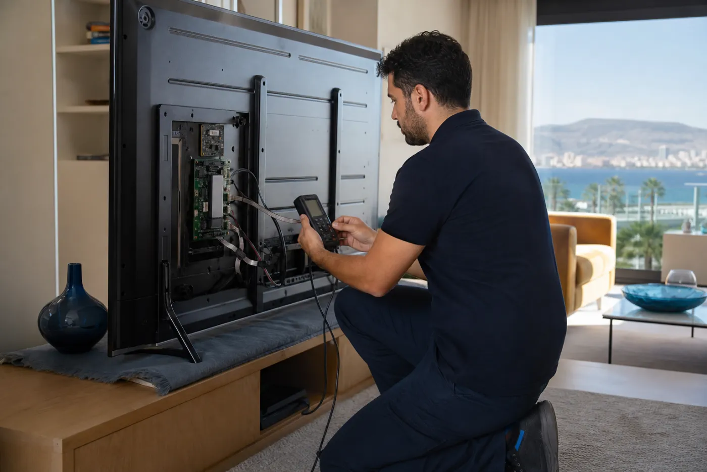 İzmir Televizyon Servisi için teknik kontrol yapan servis görevlisi